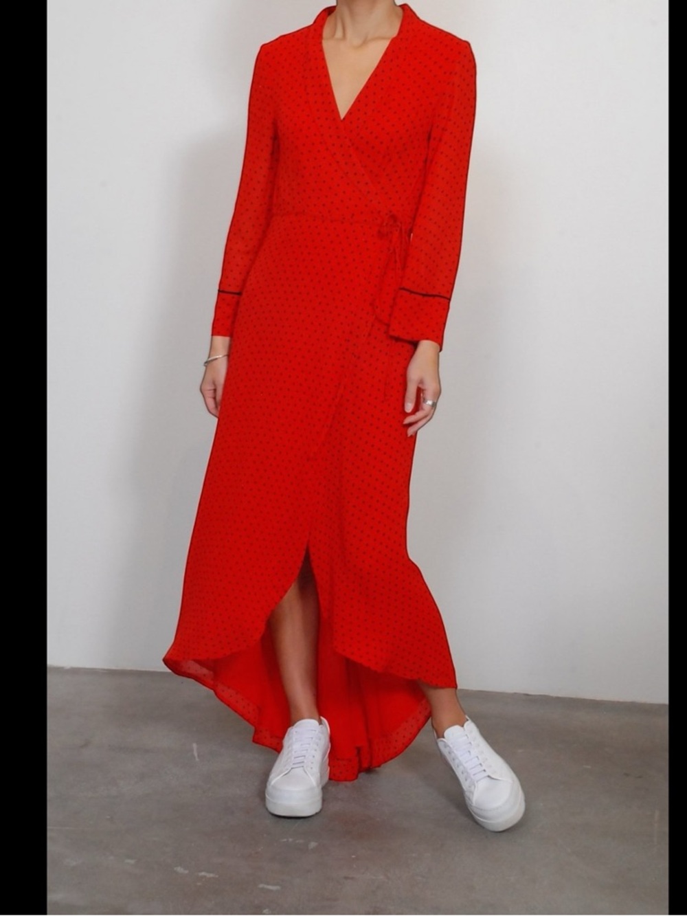 GANNI NWT Red Fiery Polka Dot Print Georgette Wrap  Maxi Dress Size 36 / Small